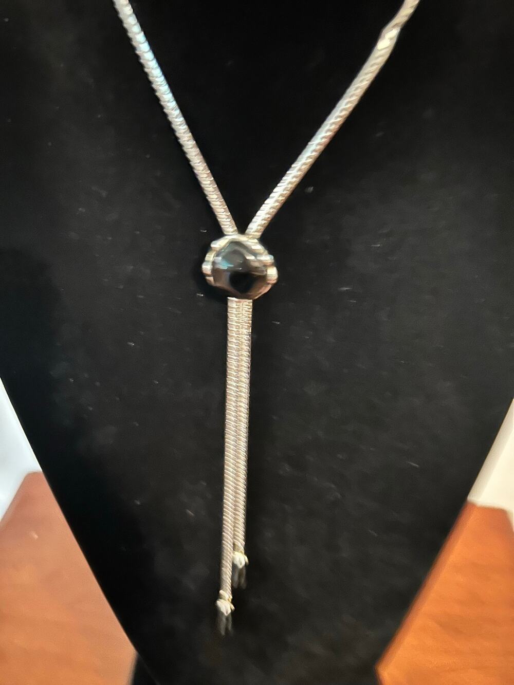 Silver Tone Lariat Necklace Black Spinel Bolo Slide Adjustable Y-Pendant Modern